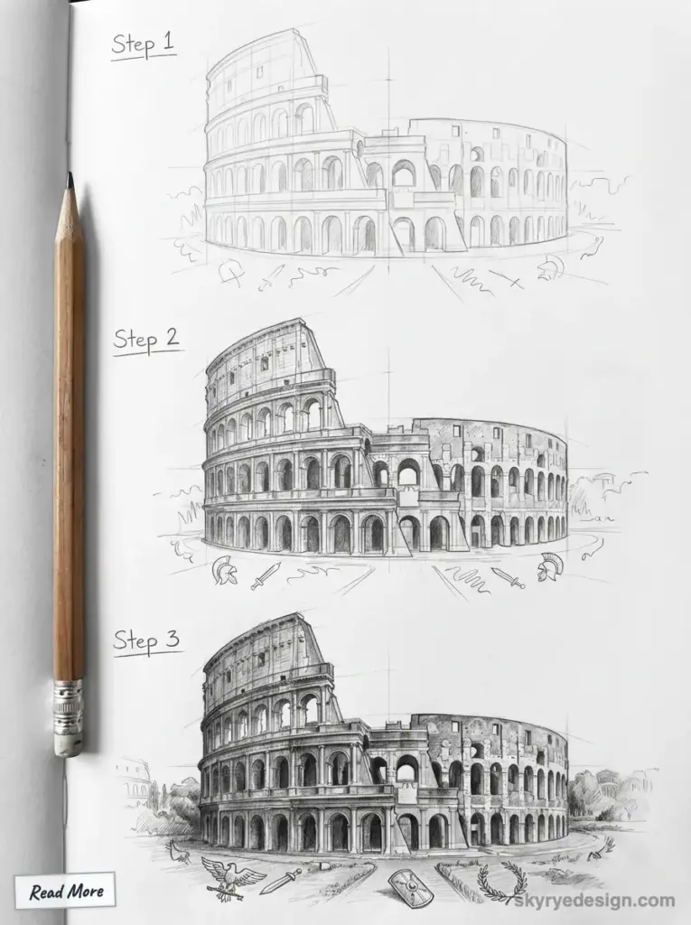 Step-by-step pencil sketches of the Colosseum, showing progressive detailing and shading techniques.