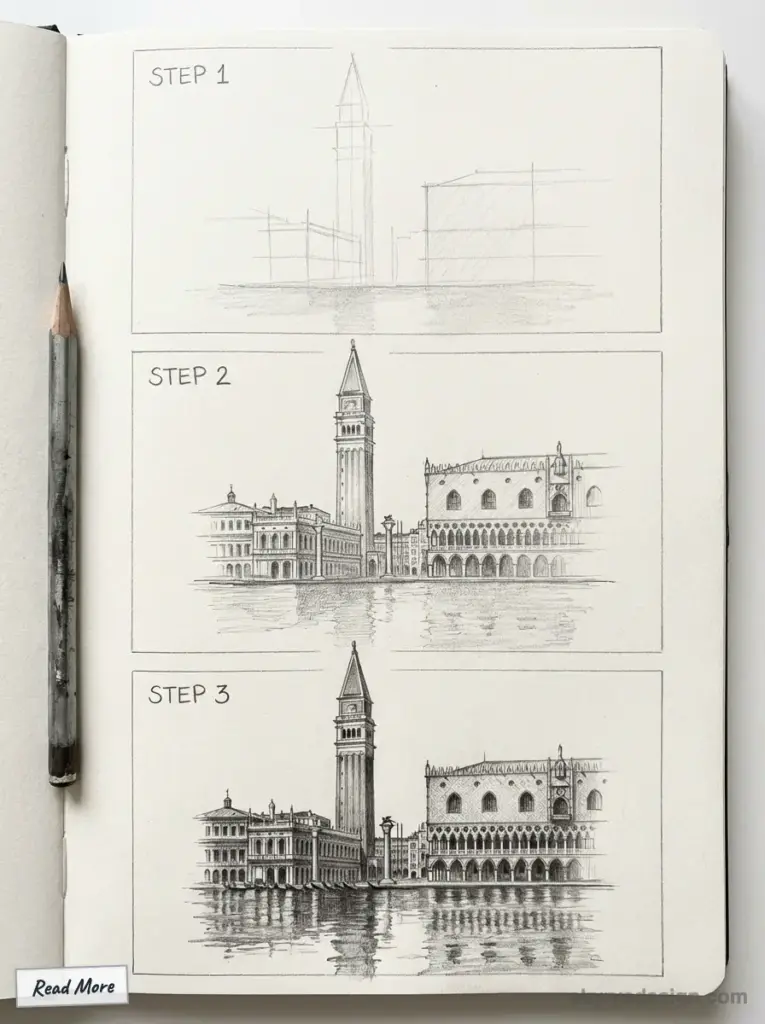 Drawing tutorial of a Venice building, showing step-by-step pencil sketch progress from outline to detailed illustration.