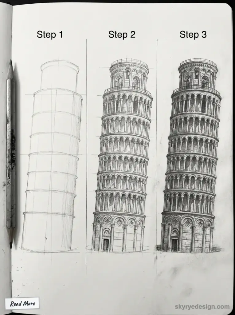 Step-by-step pencil drawing of the Leaning Tower of Pisa on sketchpad, showcasing artistic process from outline to detailed sketch.