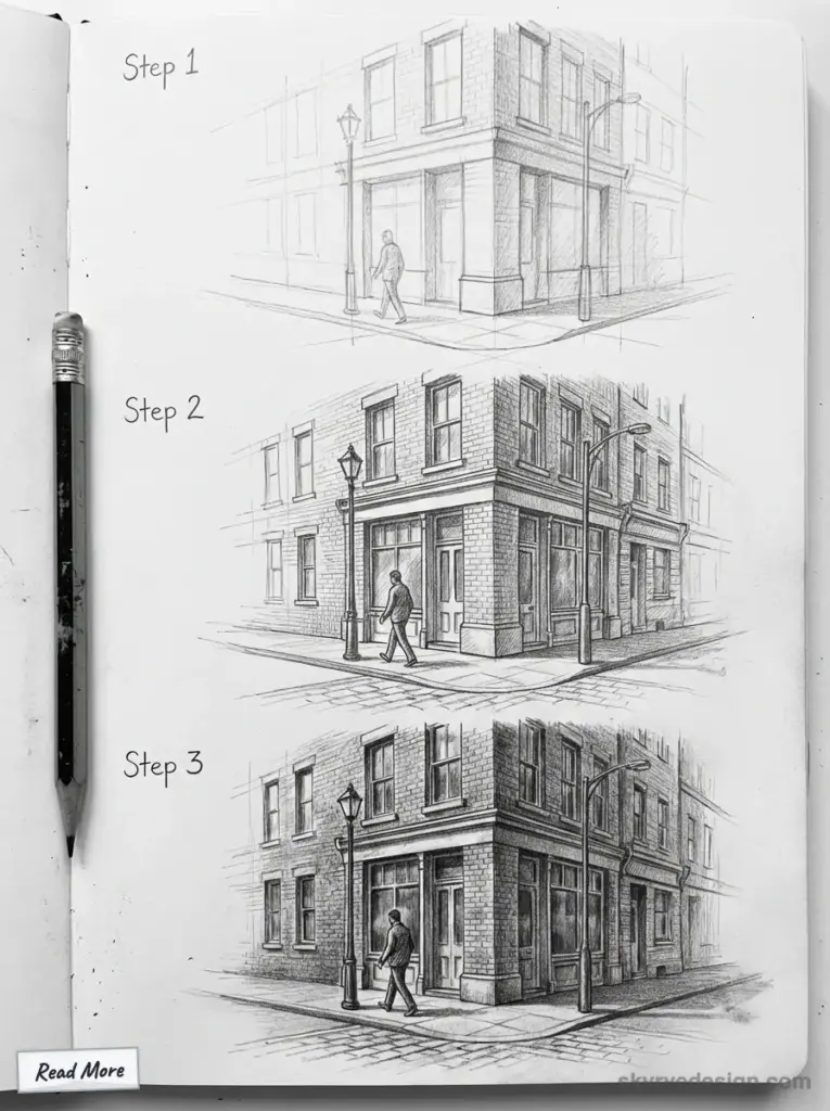 Sketches showing the step-by-step drawing process of a street corner with a building and person, evolving from draft to detailed.