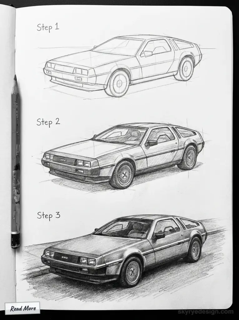 Step-by-step sketching of a car with pencil, showing progression from outline to detailed drawing on a sketchbook page.