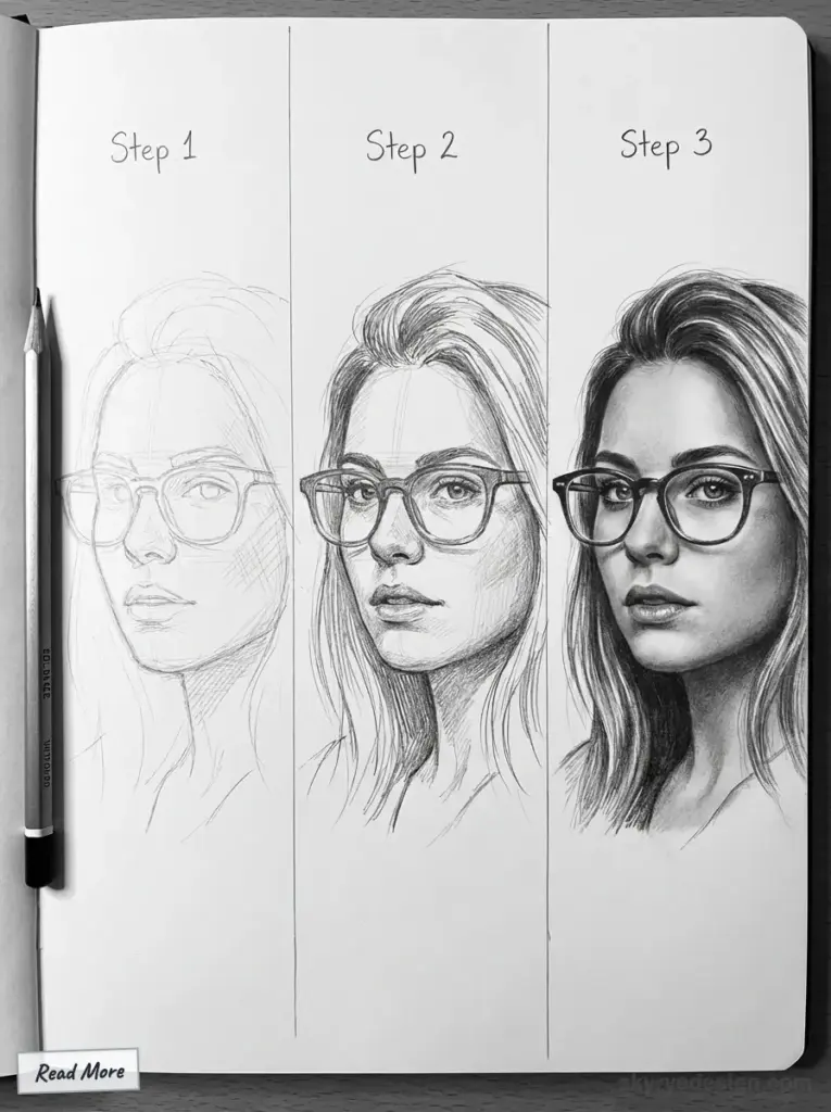 Portrait drawing progression in three steps from sketch to detailed realism, featuring a woman with glasses. Pencil and notebook.