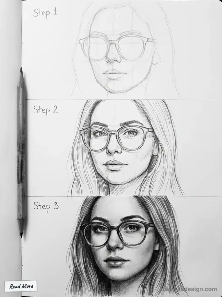 Step-by-step pencil drawing of a woman with glasses, showing progression from sketch to detailed shading.