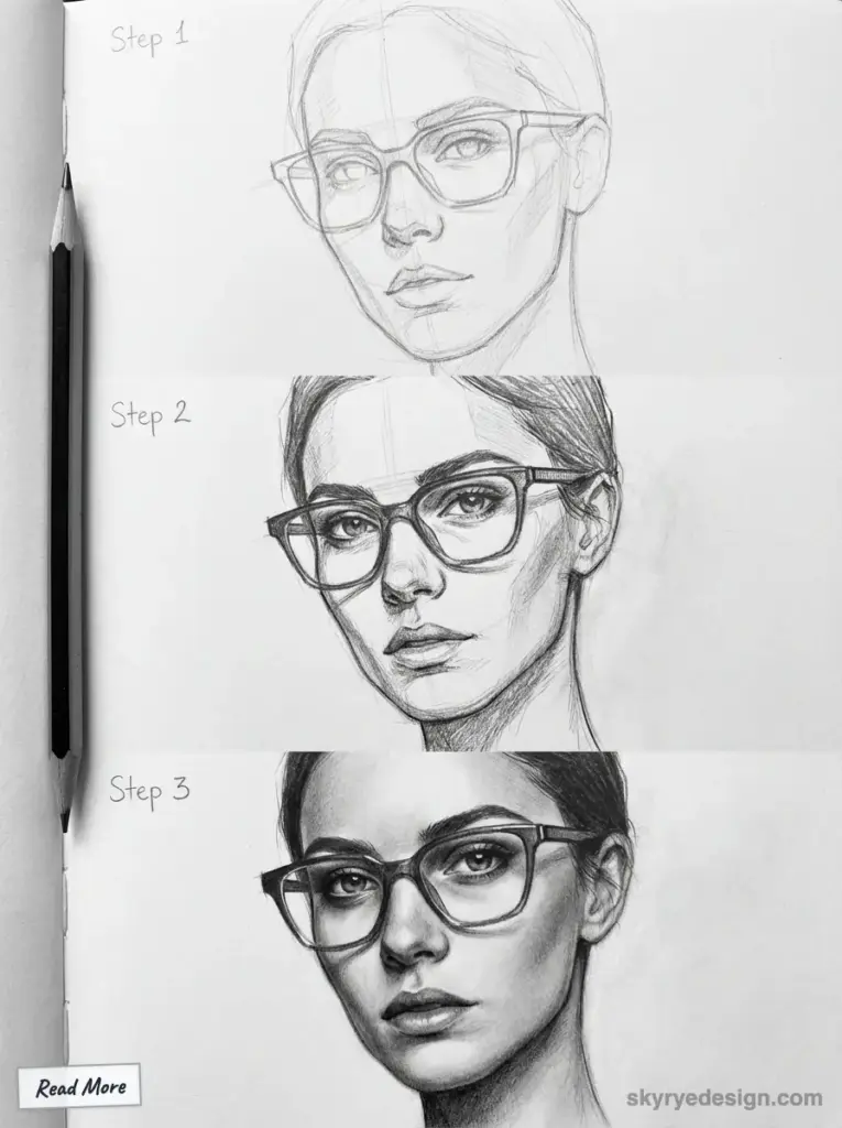 Progression of a detailed pencil sketch of a woman with glasses in three steps, showcasing artistic techniques and skill development.