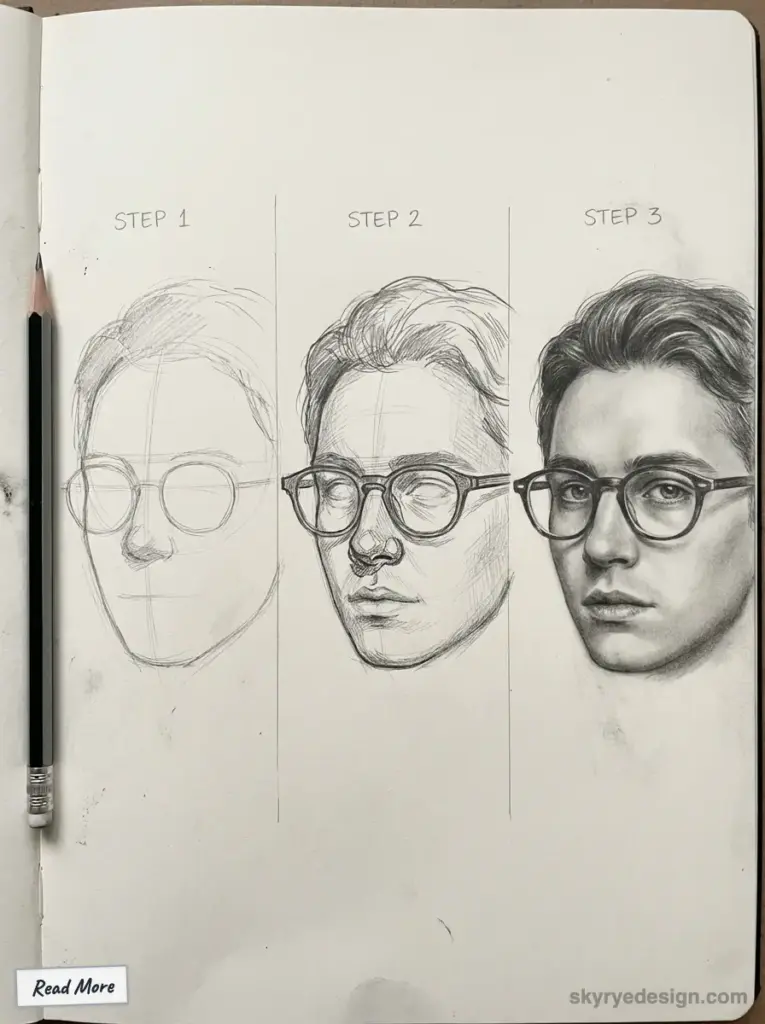 Pencil drawing tutorial: step-by-step portrait sketching process of a person wearing glasses, showing progression from outline to detail.