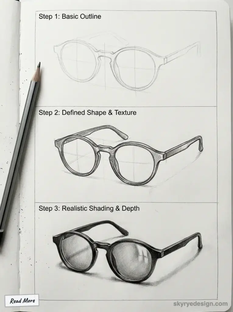 Sketching glasses: Step 1 outline, Step 2 shape/texture, Step 3 shading/depth, with pencil nearby. Educational drawing guide.