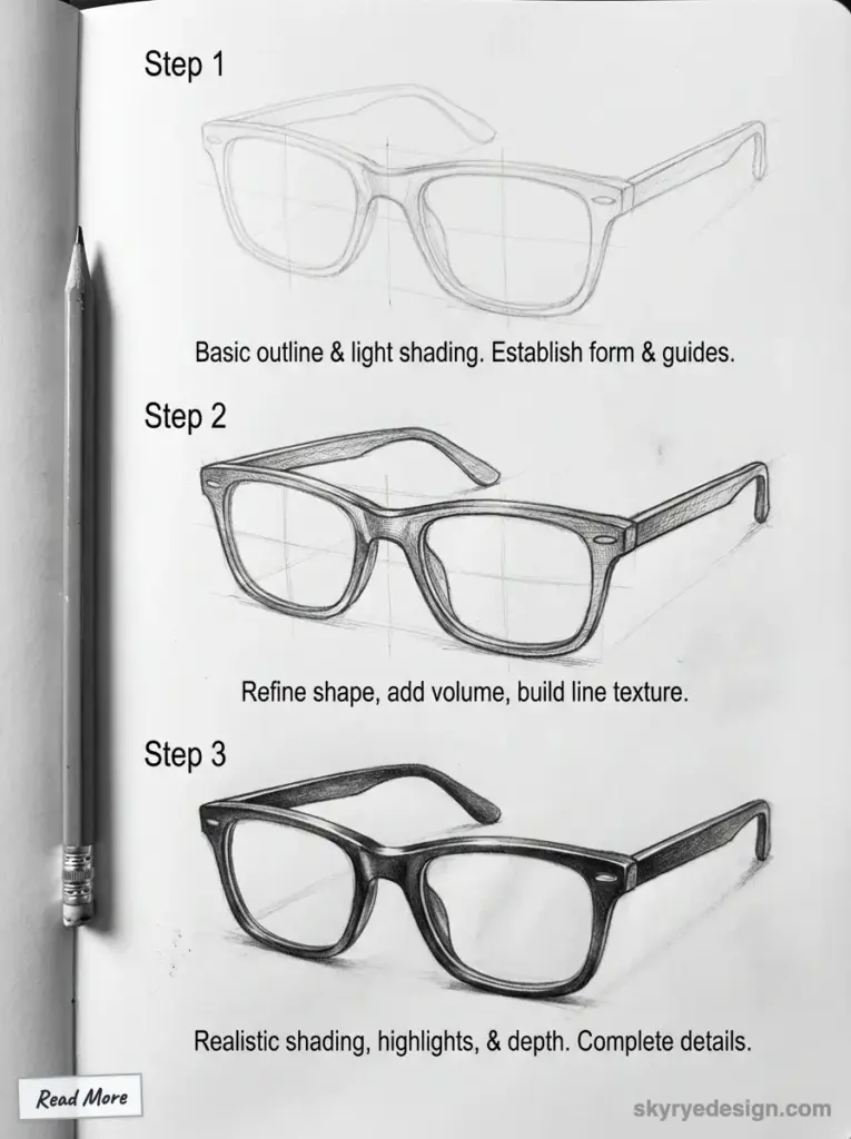 Three-step drawing process of eyeglasses: basic outline, volume addition, and realistic shading for depth and detail.