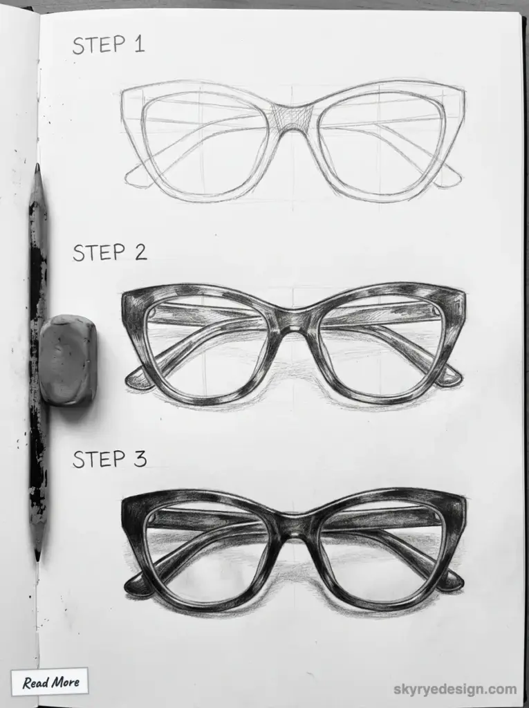 Step-by-step pencil drawing of eyeglasses: basic outline in Step 1, shading in Step 2, and detailed finish in Step 3.