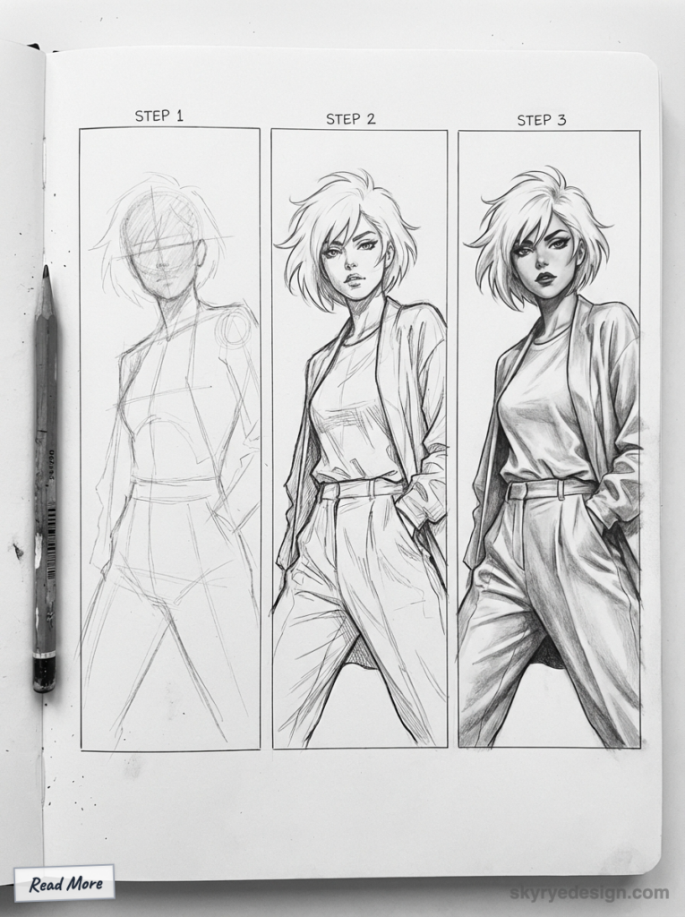 sketch-tutorial - 2026-01-31T000930161 Step-by-step female character drawing process from sketch to shaded illustration in pencil. | Sky Rye Design Step-by-step female character drawing process from sketch to shaded illustration in pencil.