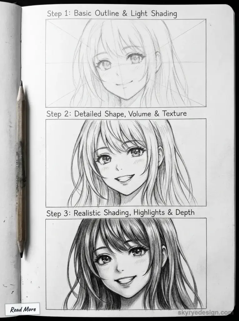 sketch-tutorial - 2026-01-31T001332367 Step-by-step manga face drawing tutorial showing outline, volume, and realistic shading techniques for a smiling girl. | Sky Rye Design Step-by-step manga face drawing tutorial showing outline, volume, and realistic shading techniques for a smiling girl.