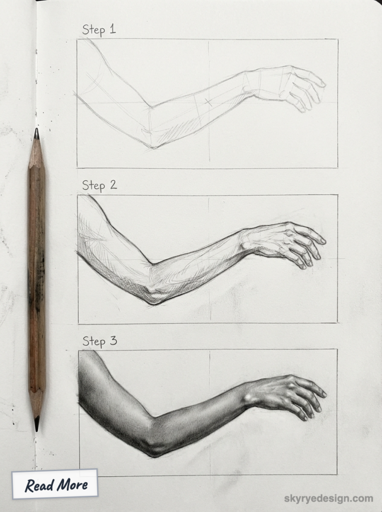 Pencil tutorial showing three step-by-step sketches of a realistic forearm and hand, with a pencil beside the drawings.