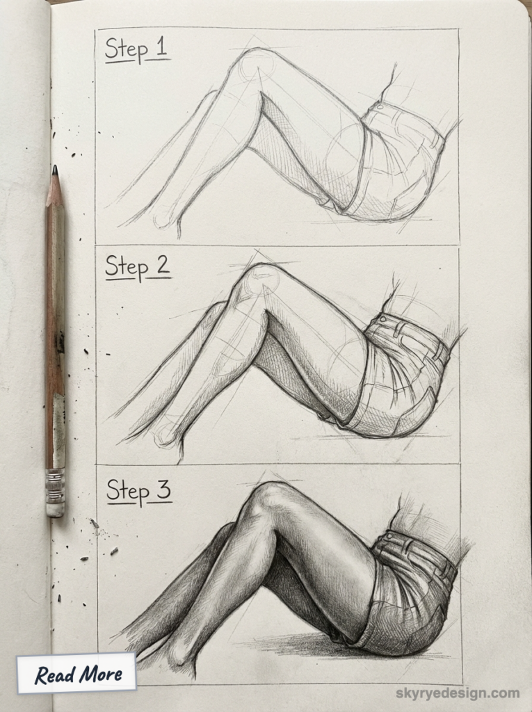 Sketchbook pencil tutorial: three-step drawing of seated legs in shorts, from rough construction lines to refined shaded realism.