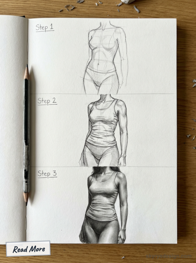 Figure drawing tutorial (Step 1-3): pencil sketches showing female torso progression from rough construction to detailed shaded rendering.