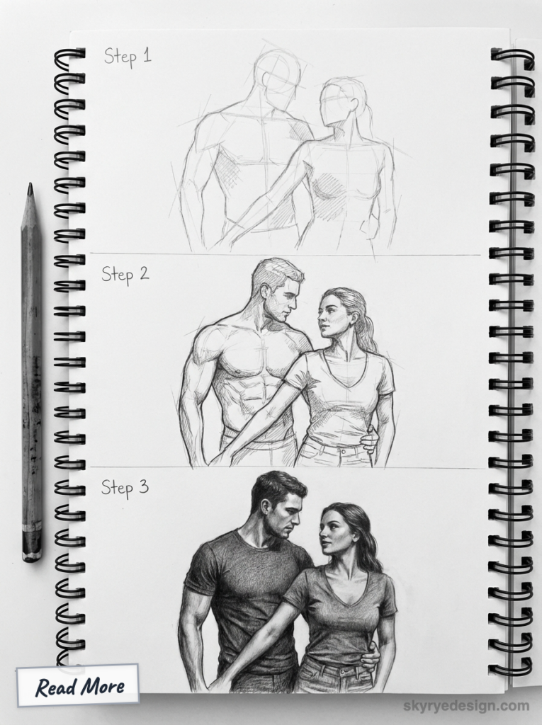 Step-by-step pencil sketch tutorial of a couple in a spiral sketchbook showing 3 stages: basic outlines, refined lines, and final shaded drawing.