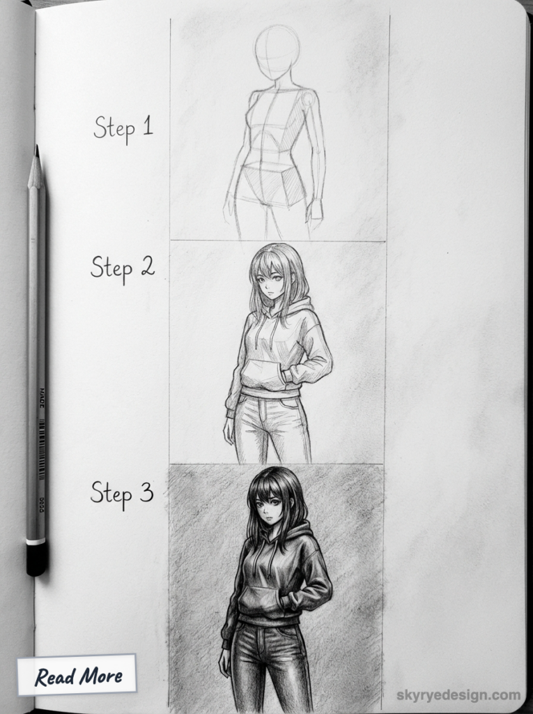 Pencil drawing tutorial: three-stage progression of a female character in a hoodie, from basic mannequin sketch to detailed shaded illustration.