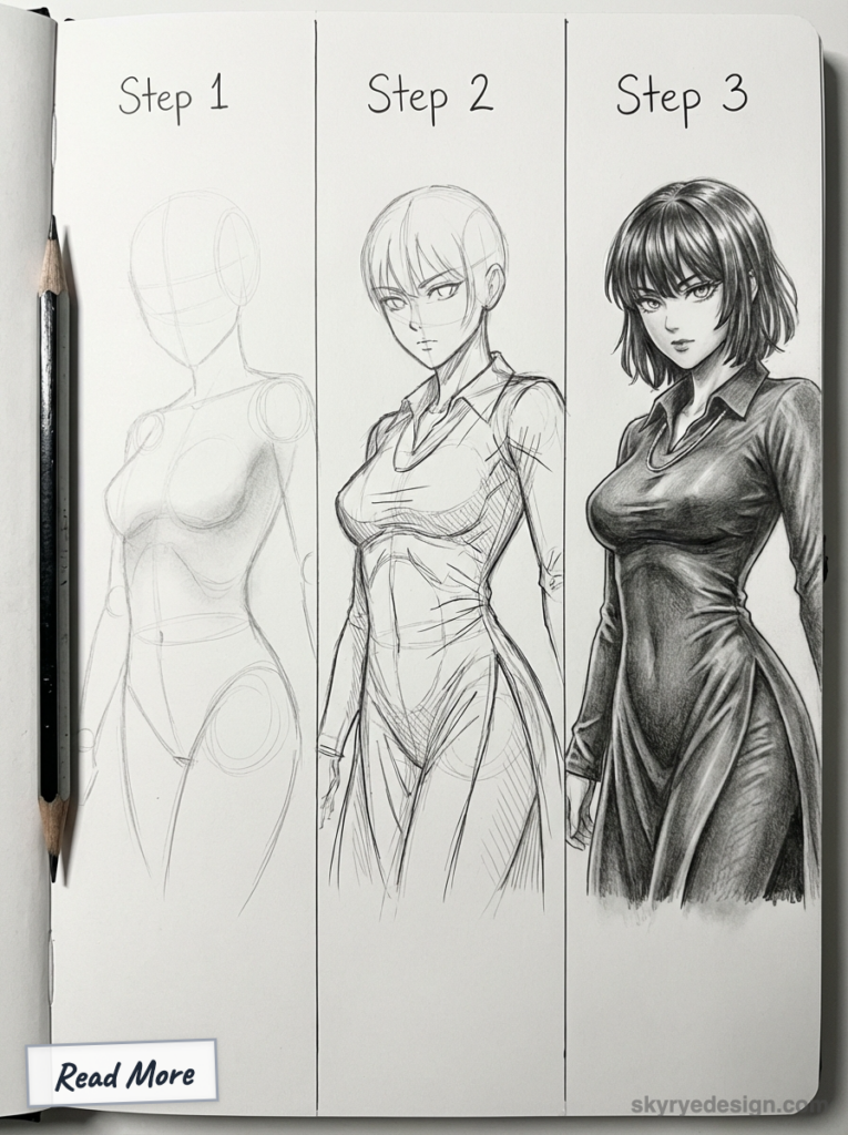 Three-step pencil tutorial: manga-style female figure progression from rough gesture to refined, fully shaded finished portrait.