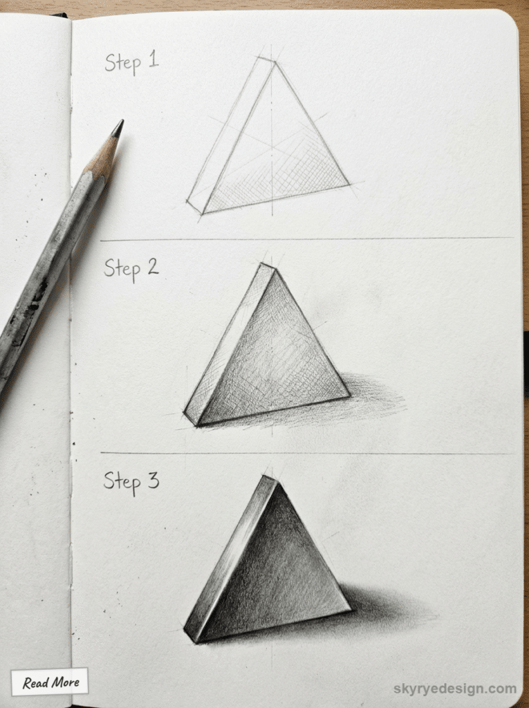 sketch-tutorial 24 Pencil drawing tutorial of a 3D triangular prism in three steps with shading techniques on sketch paper. | Sky Rye Design Pencil drawing tutorial of a 3D triangular prism in three steps with shading techniques on sketch paper.