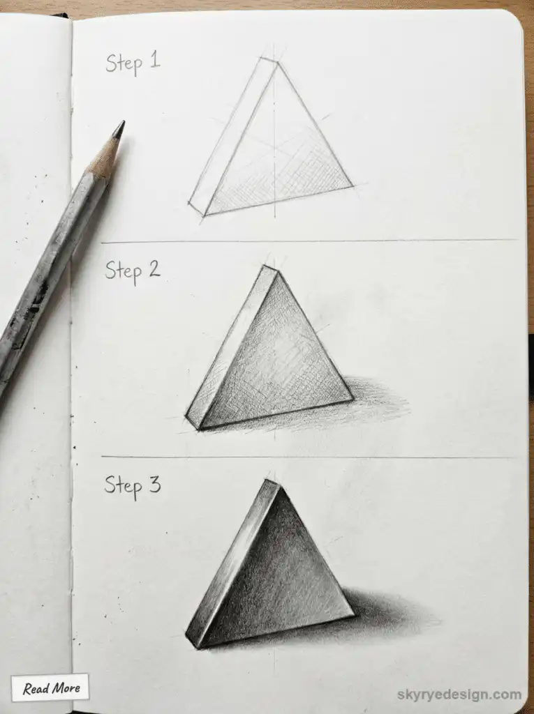 Pencil drawing tutorial of a 3D triangular prism in three steps with shading techniques on sketch paper.