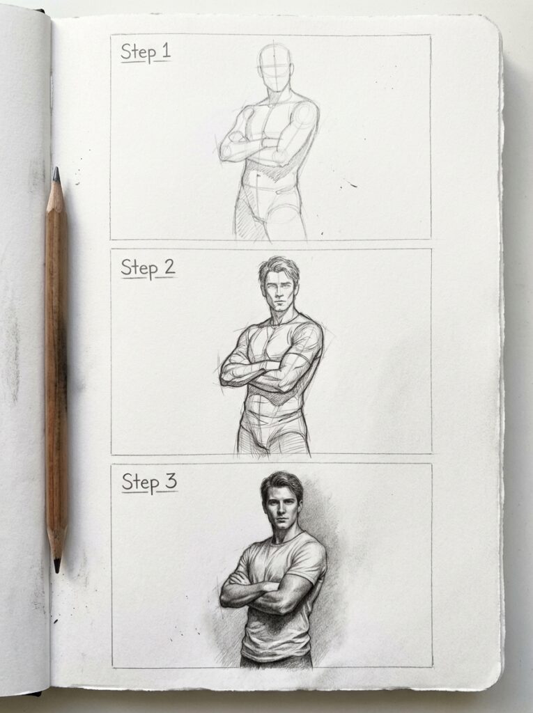 sketch-tutorial 26 Step-by-step sketch to realistic portrait of a man with arms crossed, showing artistic drawing progression from outline to detail. | Sky Rye Design Step-by-step sketch to realistic portrait of a man with arms crossed, showing artistic drawing progression from outline to detail.