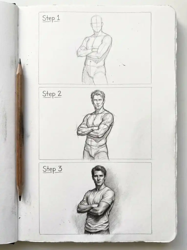 Step-by-step sketch to realistic portrait of a man with arms crossed, showing artistic drawing progression from outline to detail.