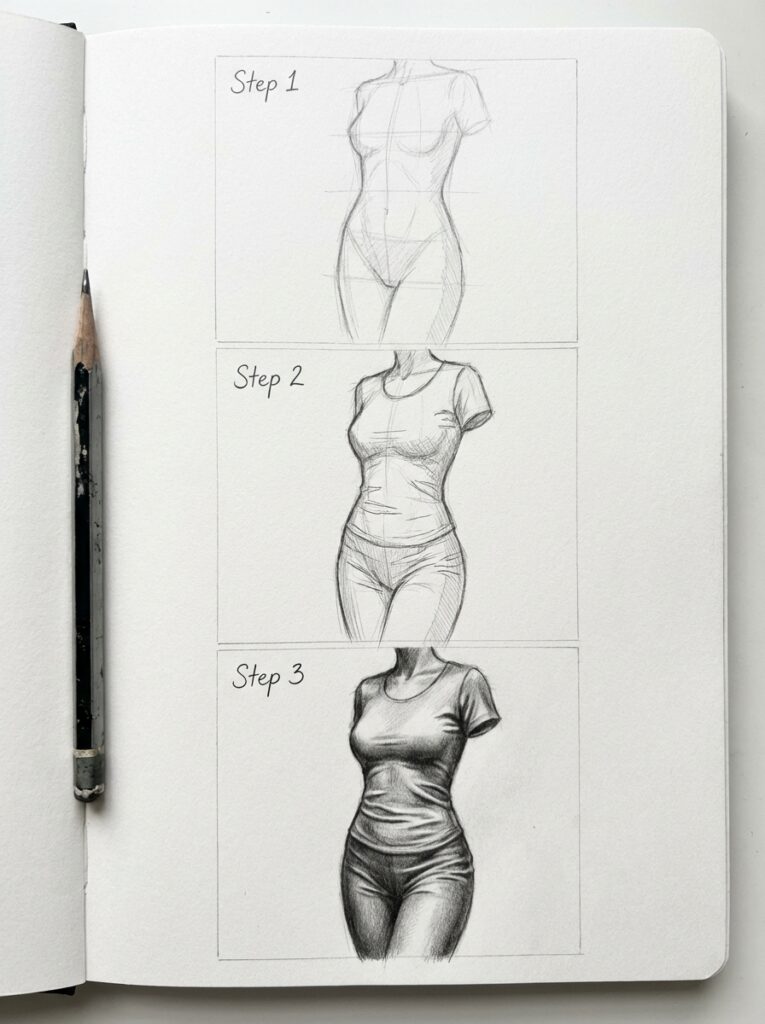 sketch-tutorial 28 Step-by-step pencil sketch guide showing how to draw a realistic human figure in a T-shirt, progressing through three stages of detail. | Sky Rye Design Step-by-step pencil sketch guide showing how to draw a realistic human figure in a T-shirt, progressing through three stages of detail.