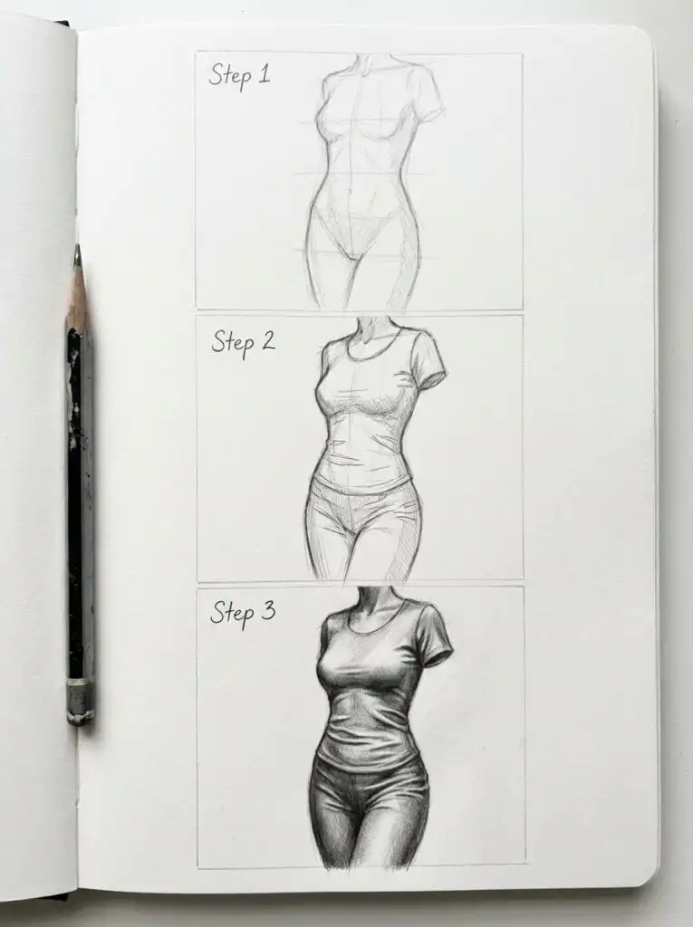 Step-by-step pencil sketch guide showing how to draw a realistic human figure in a T-shirt, progressing through three stages of detail.