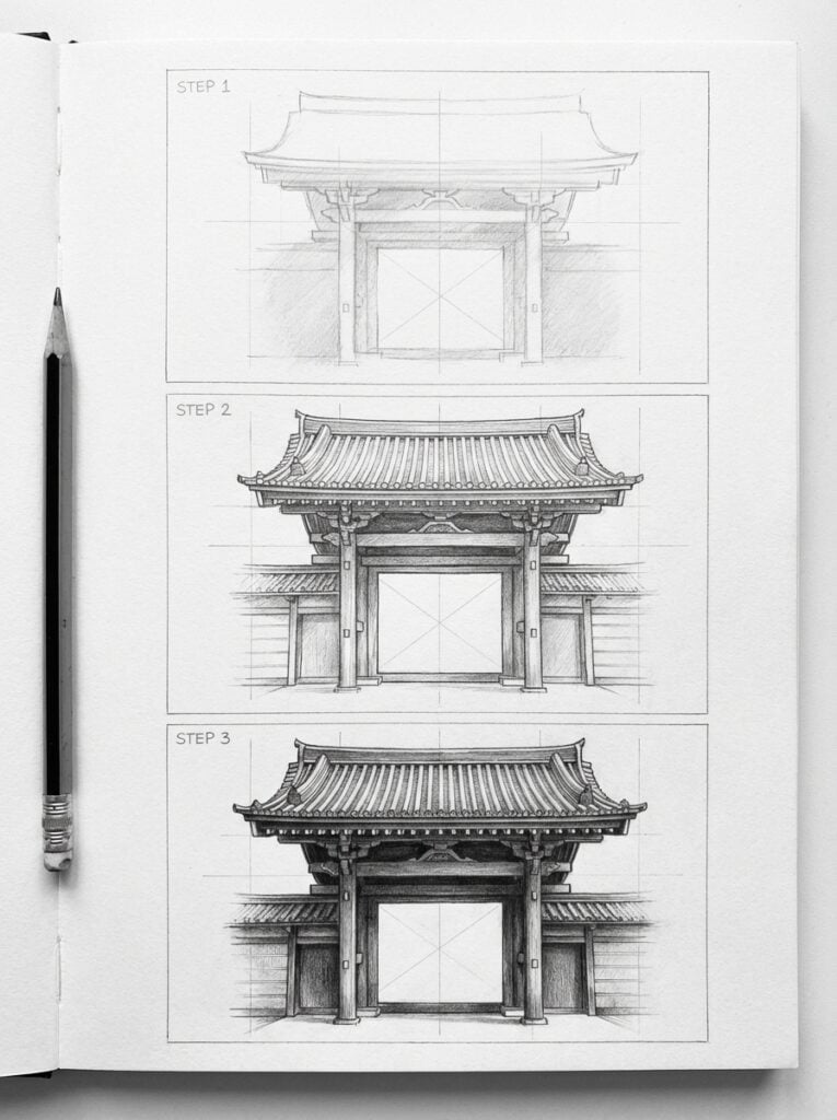 Step-by-step pencil drawing tutorial of a traditional Japanese gate from initial sketch to detailed completion, with a pencil on the left.