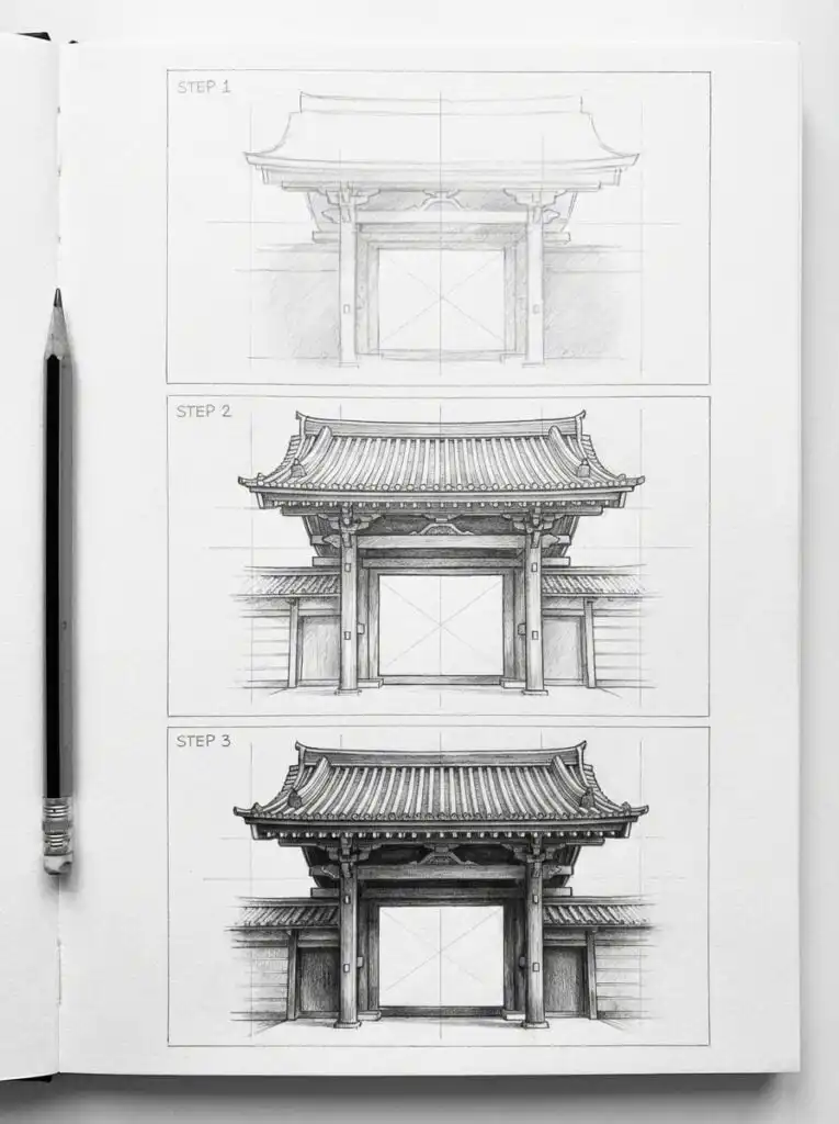 Step-by-step pencil drawing tutorial of a traditional Japanese gate from initial sketch to detailed completion, with a pencil on the left.