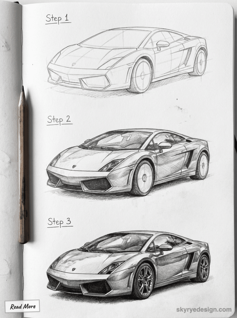 sketch-tutorial 36 Sketch progression of a sports car in three steps, from outline to detailed drawing, with pencil beside the sketches. | Sky Rye Design Sketch progression of a sports car in three steps, from outline to detailed drawing, with pencil beside the sketches.