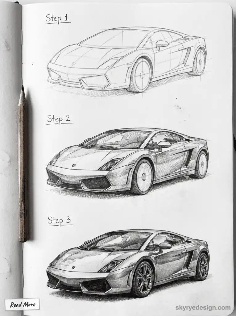 Sketch progression of a sports car in three steps, from outline to detailed drawing, with pencil beside the sketches.