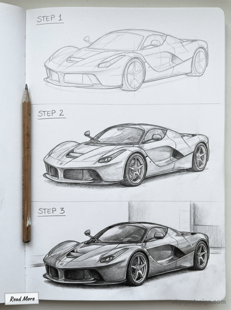sketch-tutorial 37 Three-step pencil sketch tutorial of a sports car from outline to detailed shading, with a pencil beside the drawings. | Sky Rye Design Three-step pencil sketch tutorial of a sports car from outline to detailed shading, with a pencil beside the drawings.