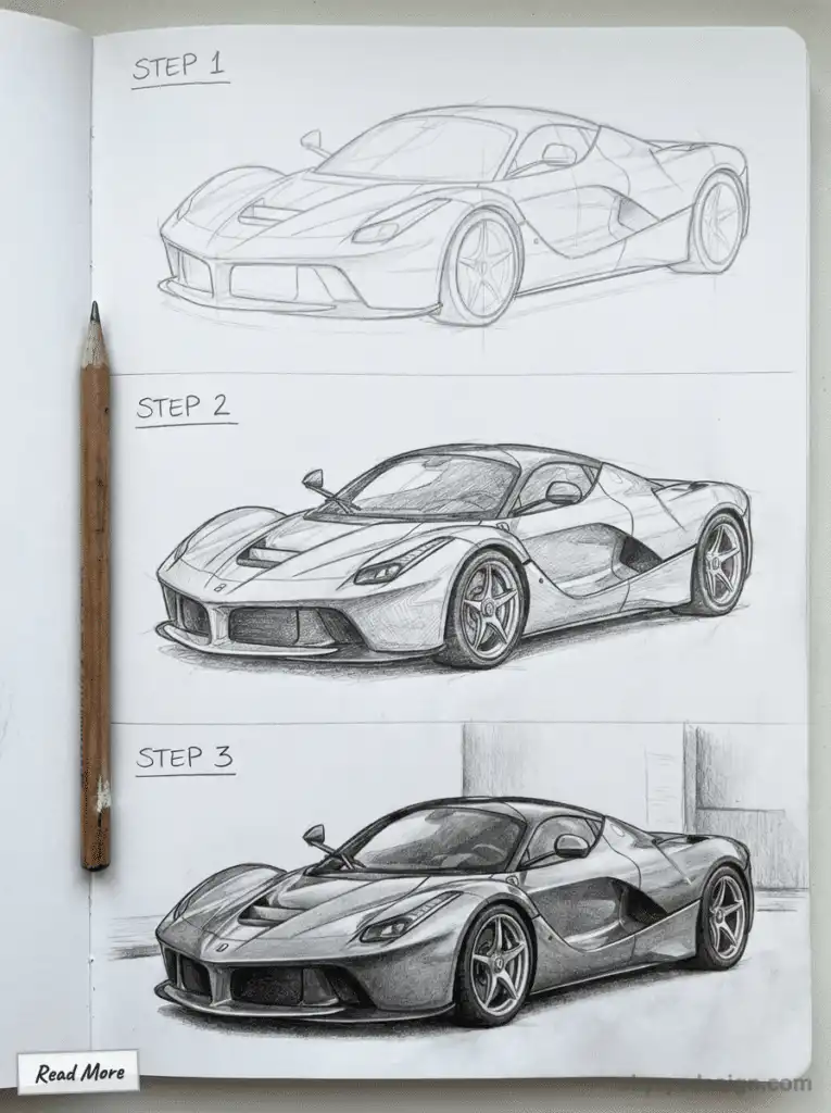 Three-step pencil sketch tutorial of a sports car from outline to detailed shading, with a pencil beside the drawings.