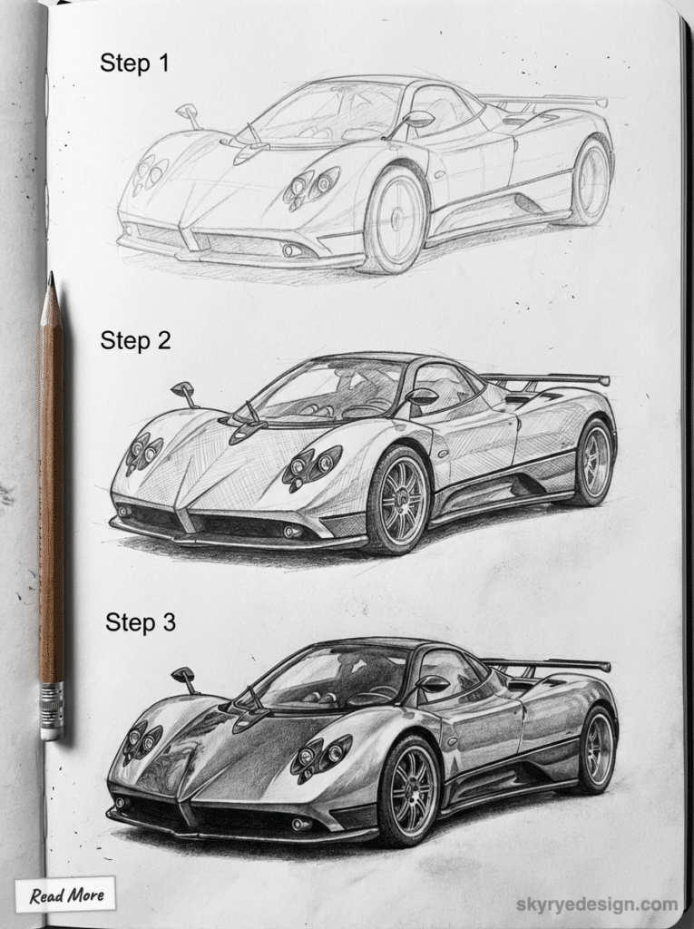 sketch-tutorial 38 Pencil drawing of a sports car in three stages: sketch, refined details, and shaded finish, illustrating artistic process. | Sky Rye Design Pencil drawing of a sports car in three stages: sketch, refined details, and shaded finish, illustrating artistic process. pagani zonda