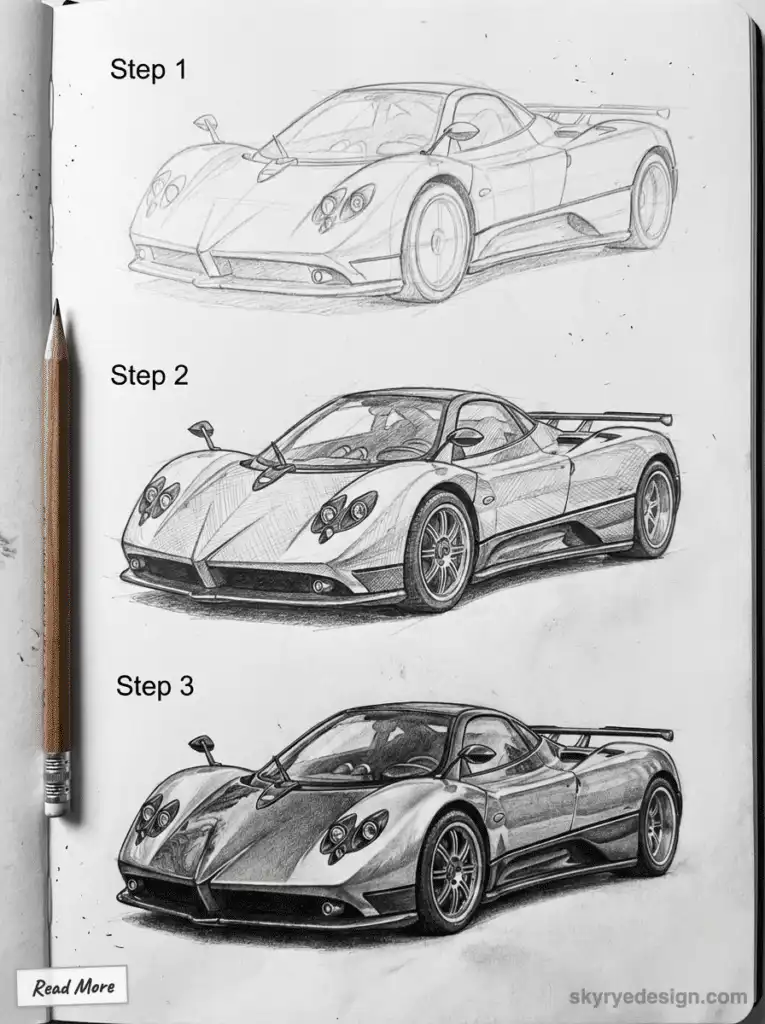 Pencil drawing of a sports car in three stages: sketch, refined details, and shaded finish, illustrating artistic process. pagani zonda