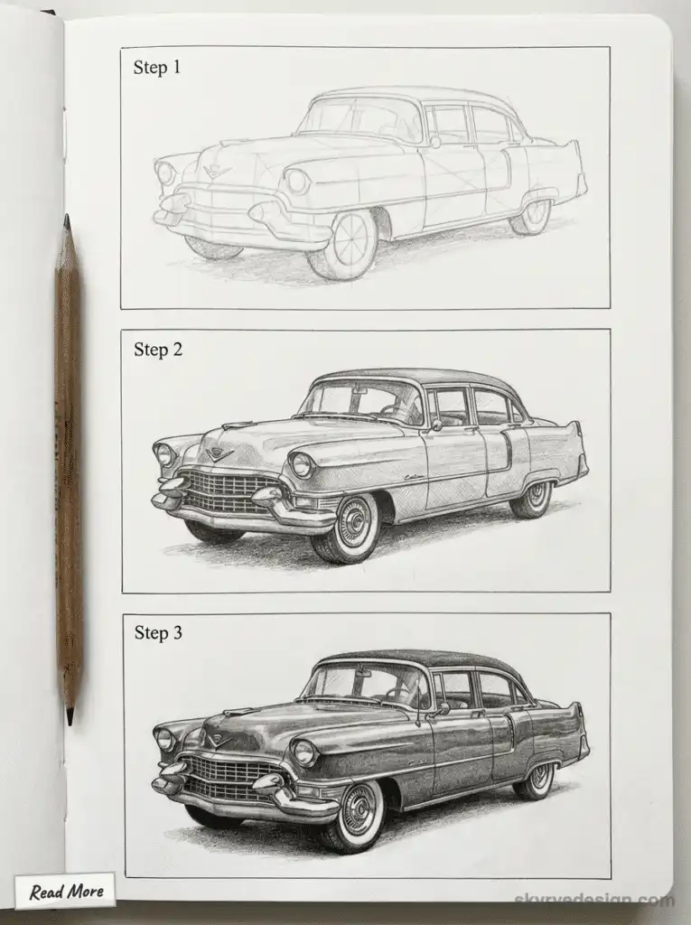 Three-step pencil drawing tutorial of a vintage car, showcasing sketch from outline to detailed shading, with a pencil beside the sketches. cadillac