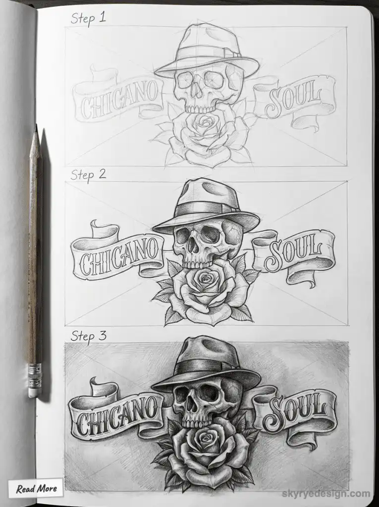 Three-step sketch progression featuring a skull with a hat, rose, and Chicano Soul banner design on a notebook page with a pencil.