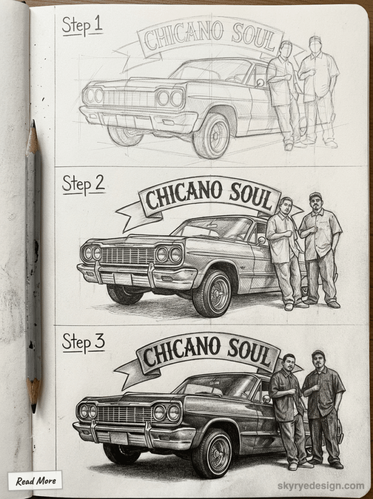 sketch-tutorial 43 Step-by-step pencil sketch of vintage car and two men under Chicano Soul banner, showing artistic progression. | Sky Rye Design Step-by-step pencil sketch of vintage car and two men under Chicano Soul banner, showing artistic progression.
