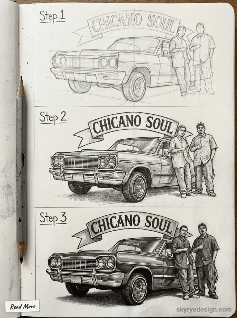 Step-by-step pencil sketch of vintage car and two men under Chicano Soul banner, showing artistic progression.