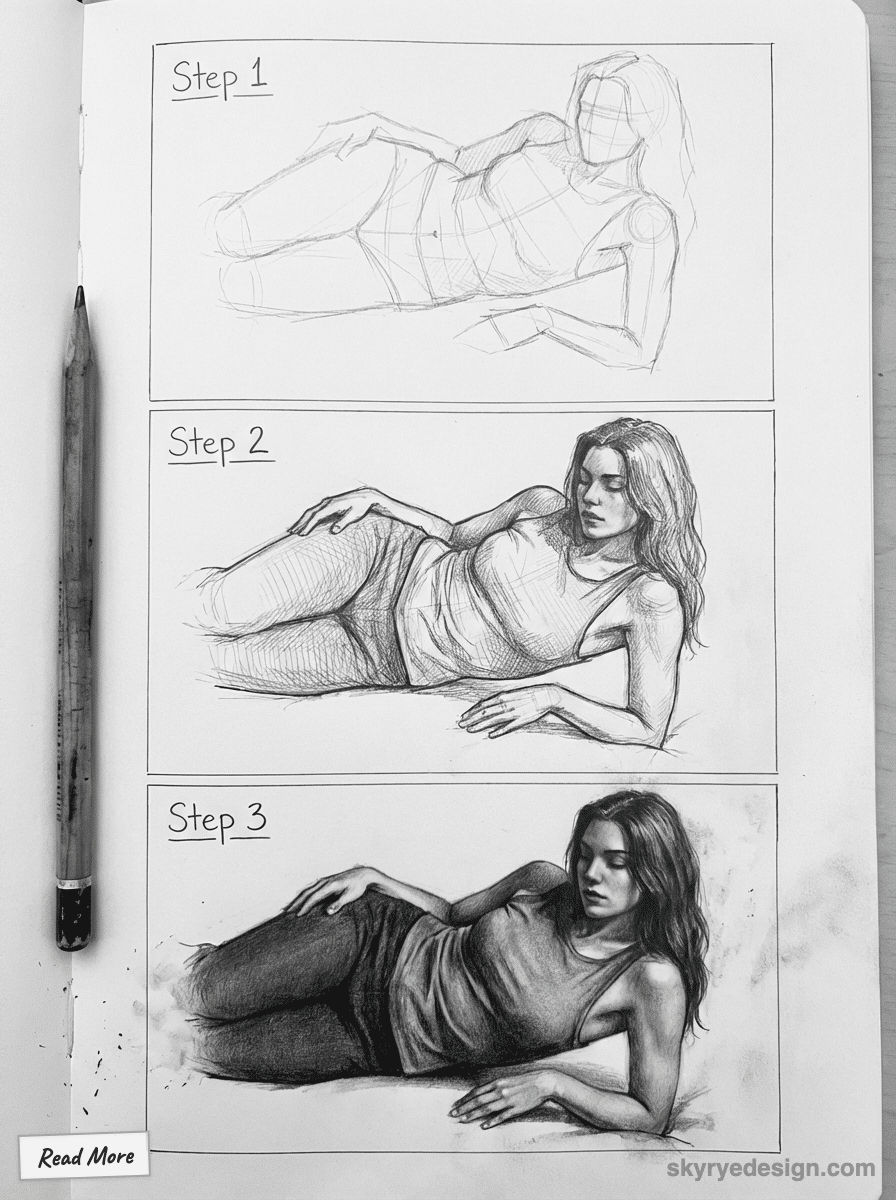 Drawing tutorial showing three steps of sketching a reclining woman: outline, detailed sketch, and final shaded portrait.