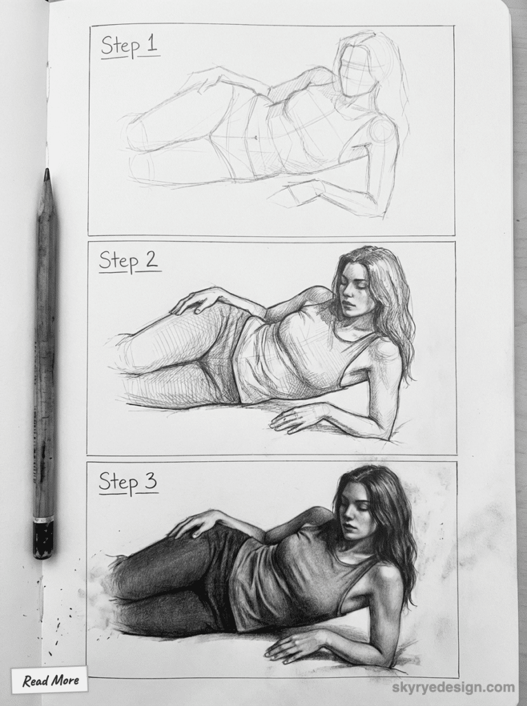 sketch-tutorial 46 Step-by-step pencil sketch tutorial: transform a rough outline into a detailed reclining woman drawing, with each progressive stage. | Sky Rye Design Step-by-step pencil sketch tutorial: transform a rough outline into a detailed reclining woman drawing, with each progressive stage.