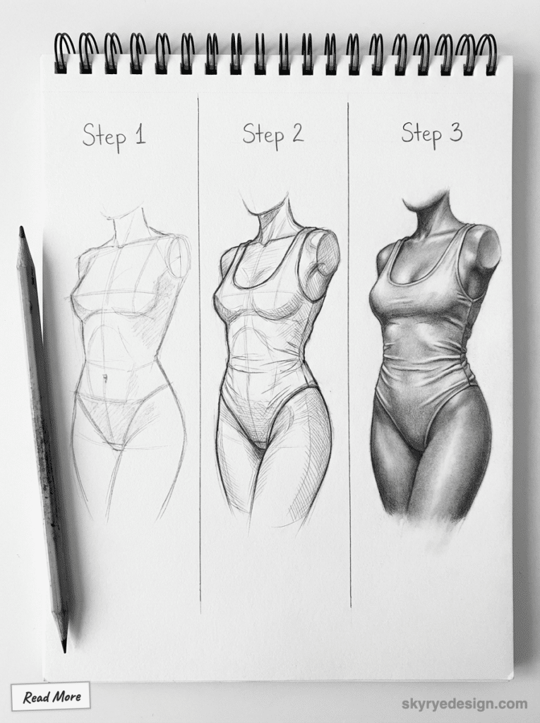 sketch-tutorial 47 Three-step pencil sketch tutorial of a female torso showing progress from outline to detailed shading on a spiral-bound sketchpad. | Sky Rye Design Three-step pencil sketch tutorial of a female torso showing progress from outline to detailed shading on a spiral-bound sketchpad.