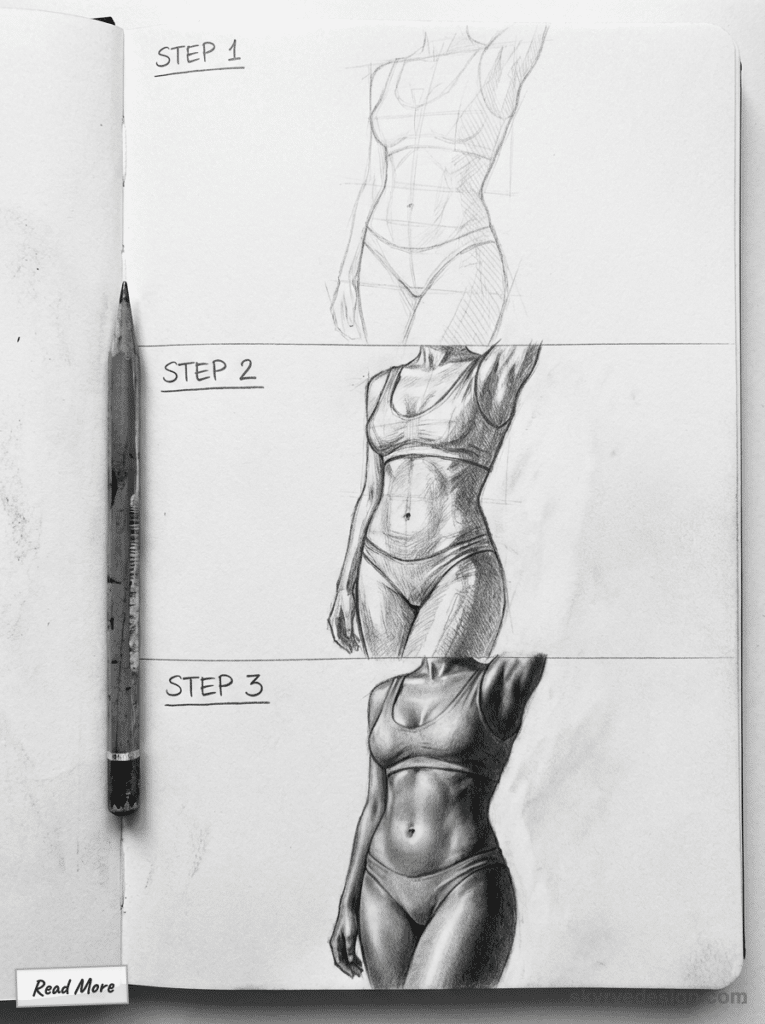 sketch-tutorial 49 Step-by-step pencil drawing of a female figure, showcasing progression from sketch to detailed shading. Art tutorial in sketchbook format. | Sky Rye Design Step-by-step pencil drawing of a female figure, showcasing progression from sketch to detailed shading. Art tutorial in sketchbook format.