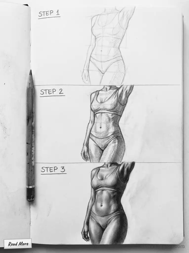Step-by-step pencil drawing of a female figure, showcasing progression from sketch to detailed shading. Art tutorial in sketchbook format.