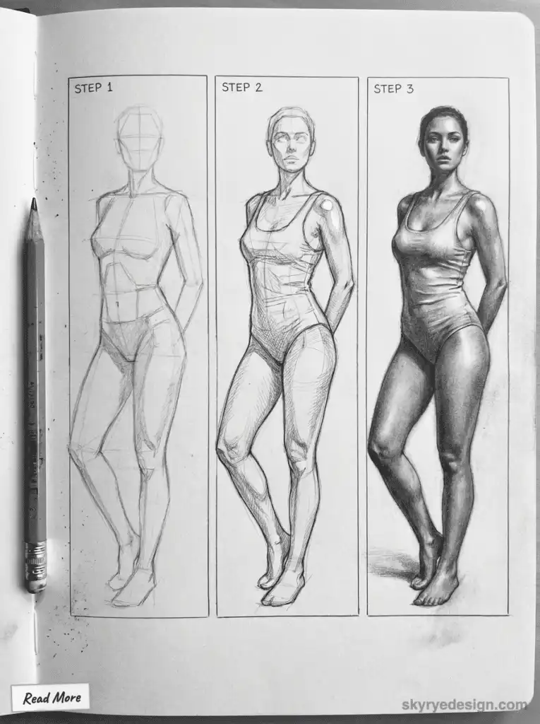 Three-step drawing tutorial: sketch, refine details, and finalize a realistic female figure with shading, highlighting artistic progression.