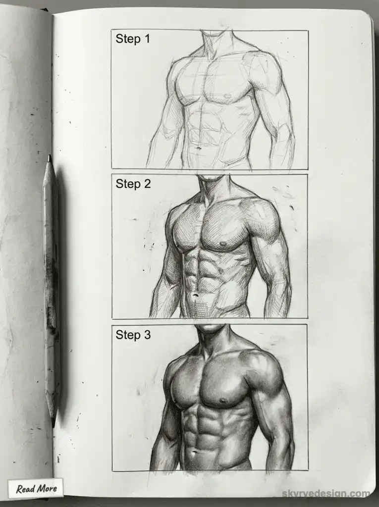 Step-by-step guide to drawing a muscular male torso, showing progression from sketch to detailed rendering in three stages.