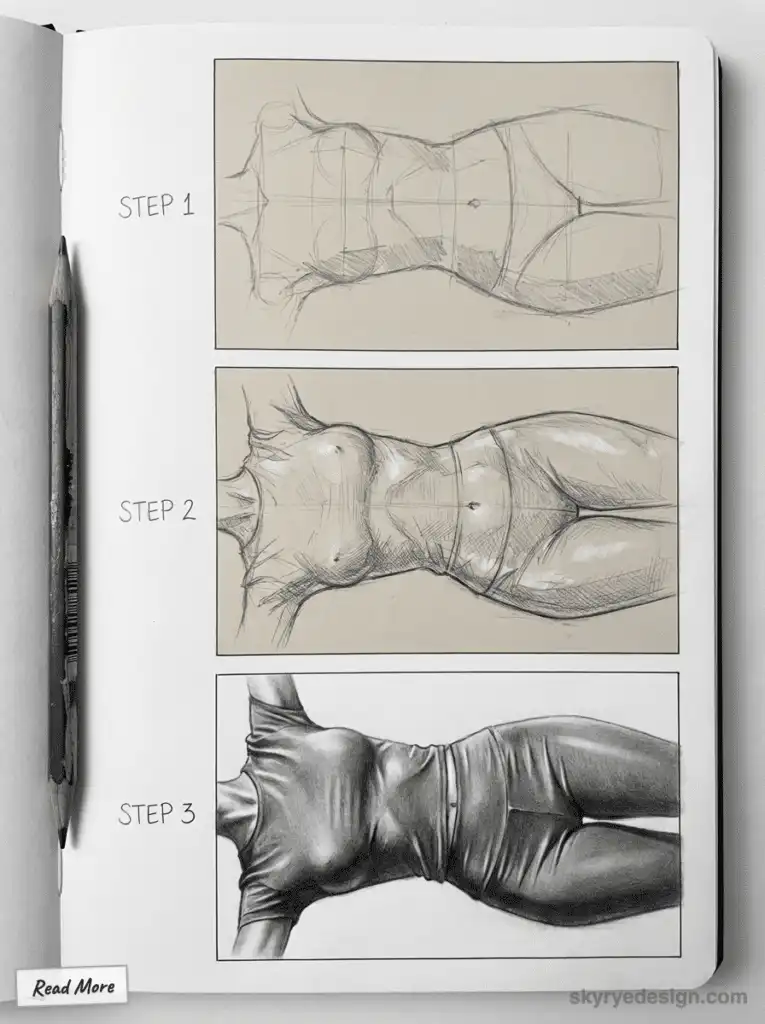 Step-by-step guide to sketching a human torso: construction lines, shading, and realistic details in pencil drawings.