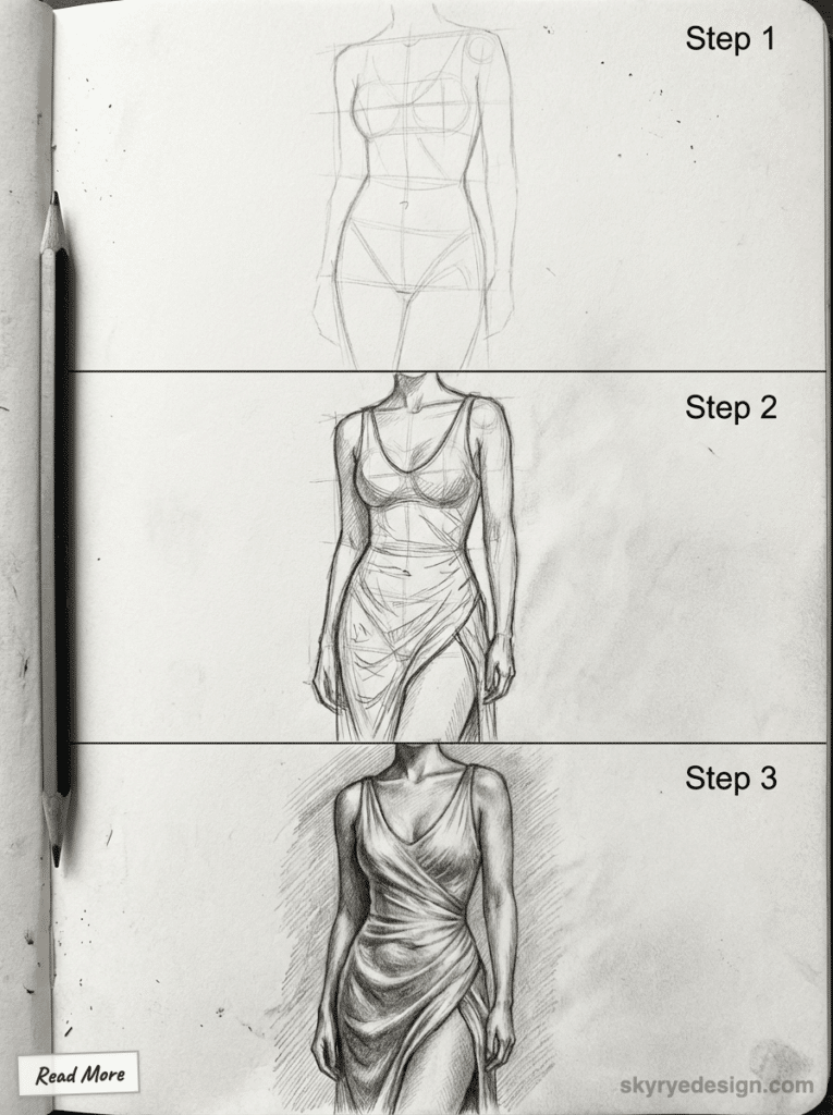 sketch-tutorial 54 Fashion sketch evolution in three steps: basic figure, detailed dress outline, and final shaded gown. Sketchbook and pencil on the side. | Sky Rye Design Fashion sketch evolution in three steps: basic figure, detailed dress outline, and final shaded gown. Sketchbook and pencil on the side.