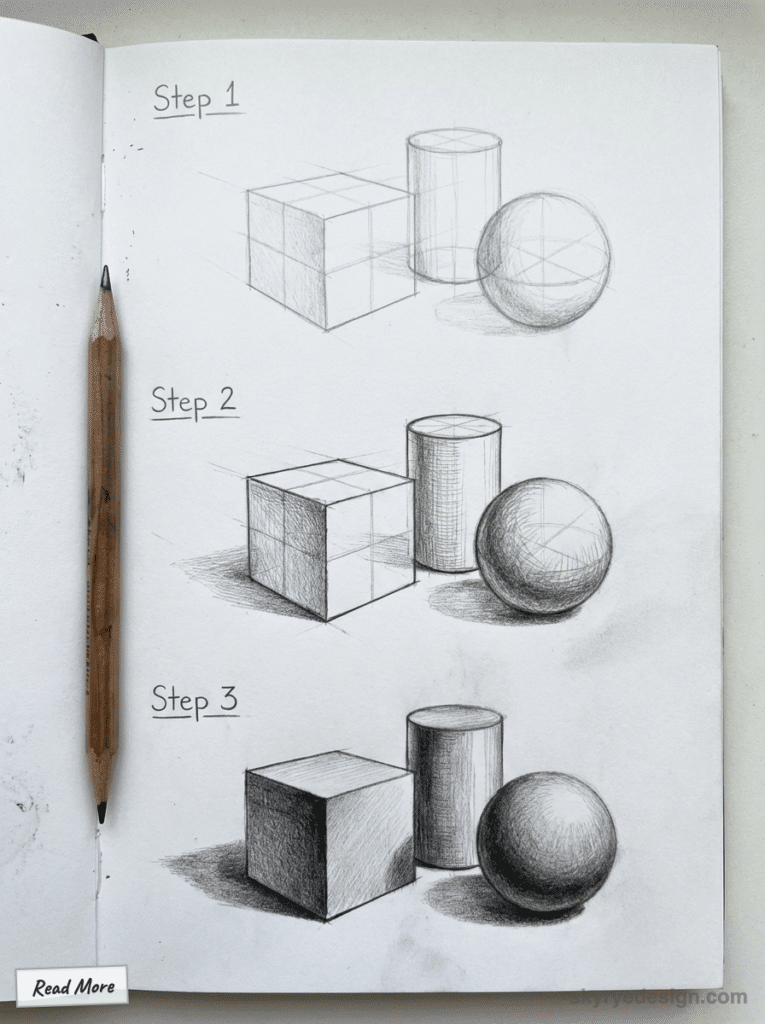 sketch-tutorial 74 Pencil drawing tutorial: Three-step shading of cube, cylinder, sphere with pencil beside. | Sky Rye Design Pencil drawing tutorial: Three-step shading of cube, cylinder, sphere with pencil beside.