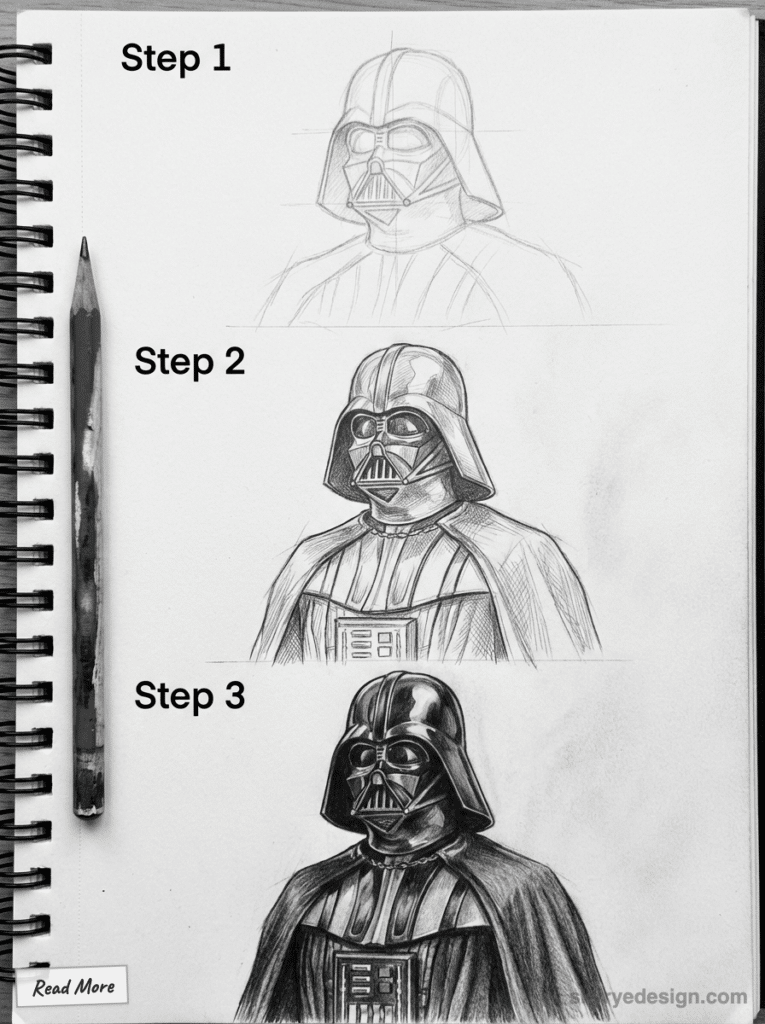 sketch-tutorial 75 Step-by-step drawing of a sci-fi character in a sketchbook: initial outline, detailed shading, and final polished look. | Sky Rye Design Step-by-step drawing of a sci-fi character in a sketchbook: initial outline, detailed shading, and final polished look.