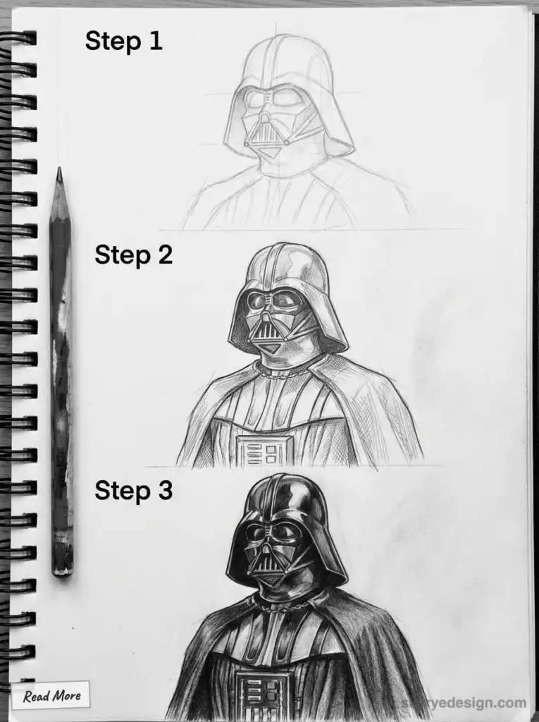 Step-by-step drawing of a sci-fi character in a sketchbook: initial outline, detailed shading, and final polished look.